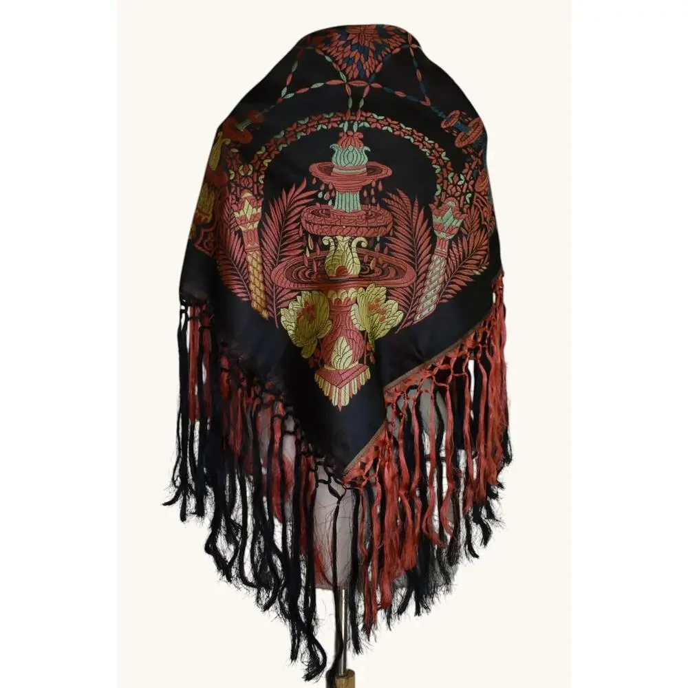 Vintage 40s Black Silk Taj Mahal Piano Shawl Scarf, Fringed Jacquard Brocade